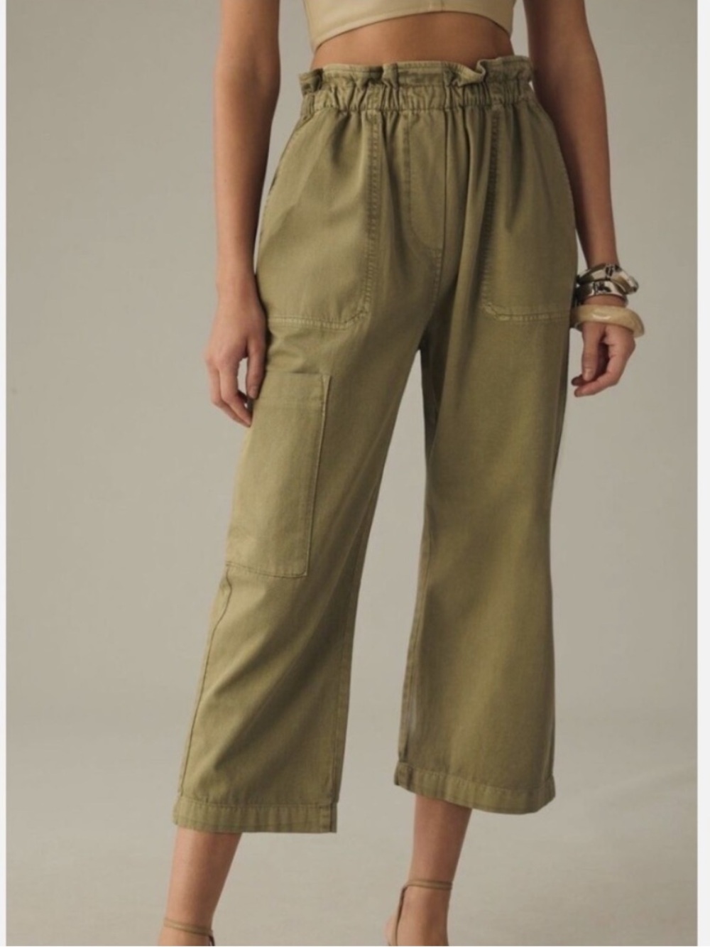 Anthropologie High Rise Paperbag Crop Pull On Cargo Wide Leg Green Pants